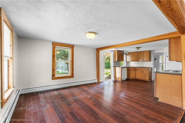 kitchen featuring dark hardwood / wood-style floors, a healthy amount of sunlight, a baseboard heating unit, and white appliances