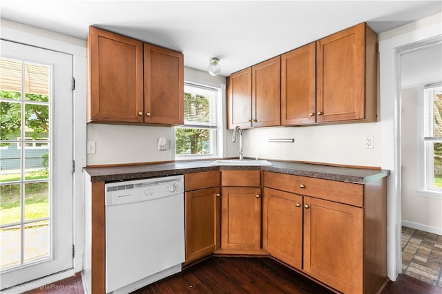 kitchen with white dishwasher, sink, and dark hardwood / wood-style floors