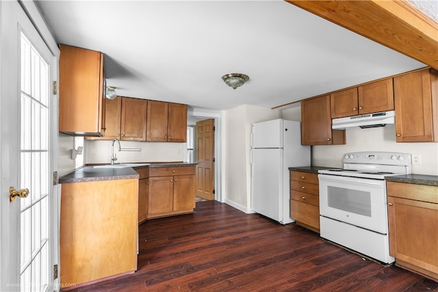 kitchen with dark hardwood / wood-style flooring, sink, and white appliances