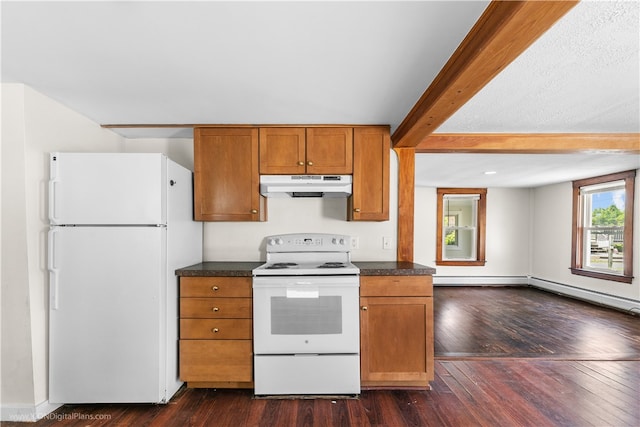 kitchen featuring beam ceiling, dark hardwood / wood-style flooring, and white appliances