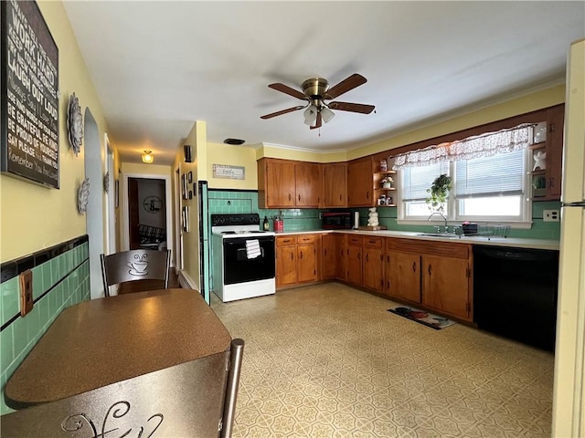 kitchen with sink, ceiling fan, and black appliances