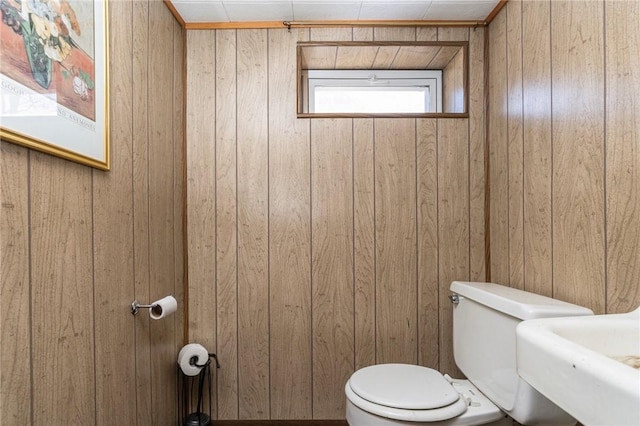 bathroom featuring a sink, wood walls, and toilet