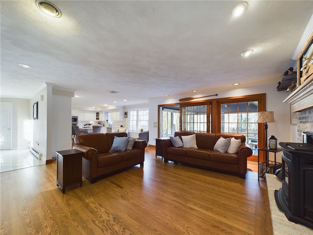 living room with a baseboard radiator, ornamental molding, hardwood / wood-style floors, and a textured ceiling