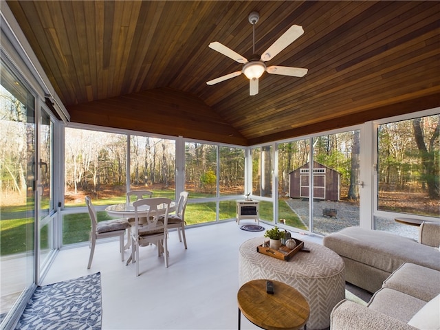 sunroom / solarium with lofted ceiling, plenty of natural light, wood ceiling, and ceiling fan