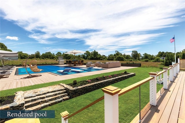 view of swimming pool with an outdoor living space and a lawn