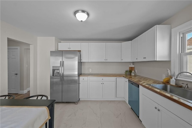 kitchen with white cabinetry, dishwasher, sink, and stainless steel fridge with ice dispenser