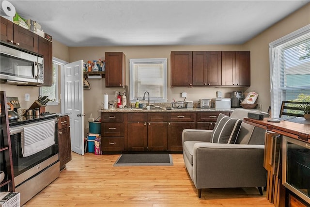 kitchen featuring dark brown cabinetry, stainless steel appliances, light hardwood / wood-style floors, and sink