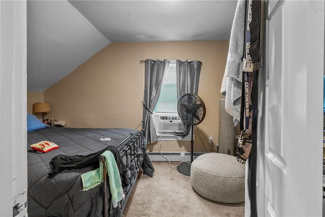 bedroom featuring carpet floors, cooling unit, a baseboard radiator, and vaulted ceiling