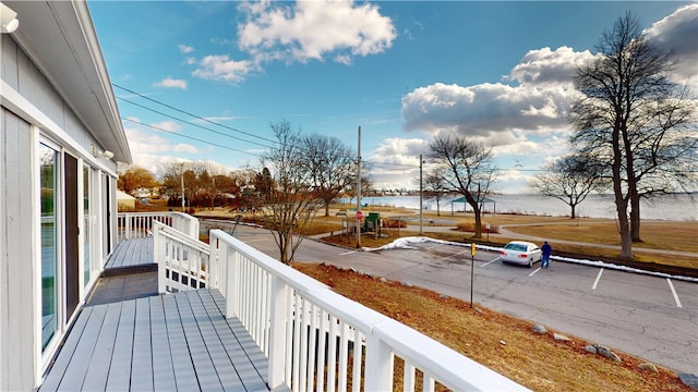 exterior space featuring a water view