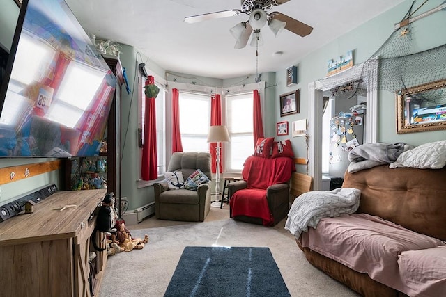 living area featuring light carpet, ceiling fan, and baseboard heating