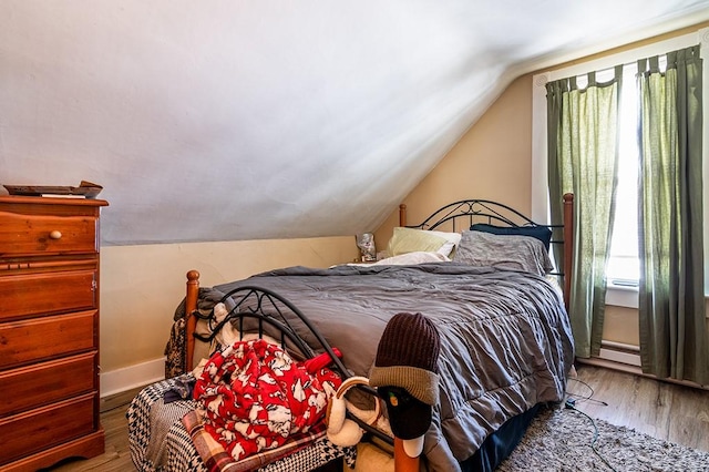 bedroom featuring multiple windows, wood-type flooring, and lofted ceiling