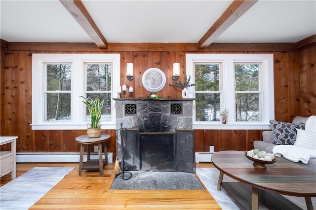 living room with a baseboard radiator, a healthy amount of sunlight, and wooden walls