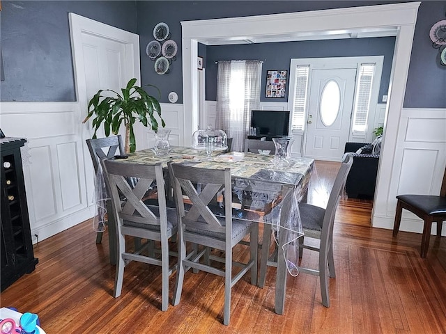 36 Utton Ave, Pawtucket, RI 02860 - dining space featuring a decorative wall, a wainscoted wall, and wood finished floors