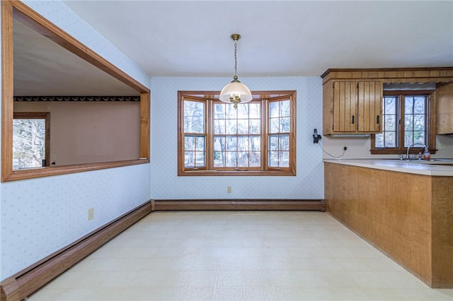 unfurnished dining area featuring sink and a baseboard radiator