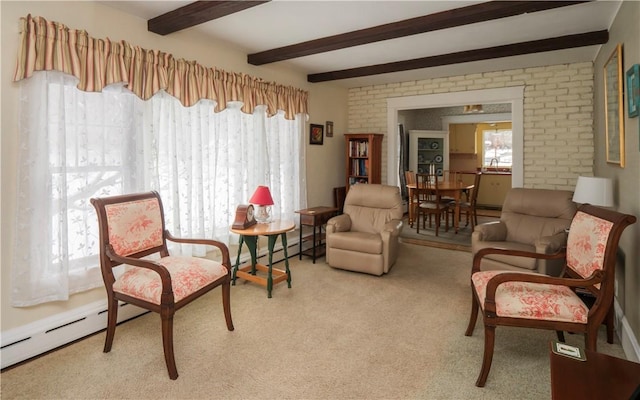 living area with brick wall, sink, baseboard heating, light carpet, and beam ceiling