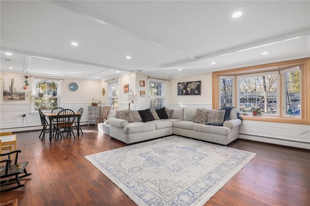 living room featuring beamed ceiling, dark wood-type flooring, and baseboard heating