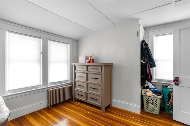 bedroom with lofted ceiling, radiator, and wood-type flooring