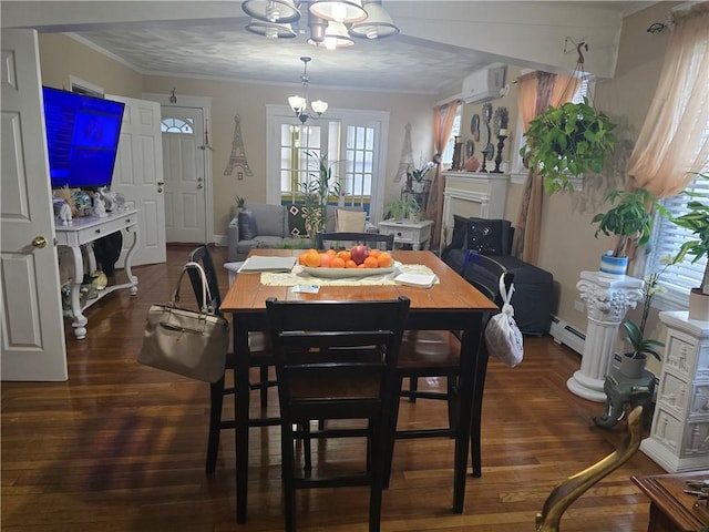 dining area featuring an inviting chandelier, a wall mounted air conditioner, dark wood-type flooring, and ornamental molding