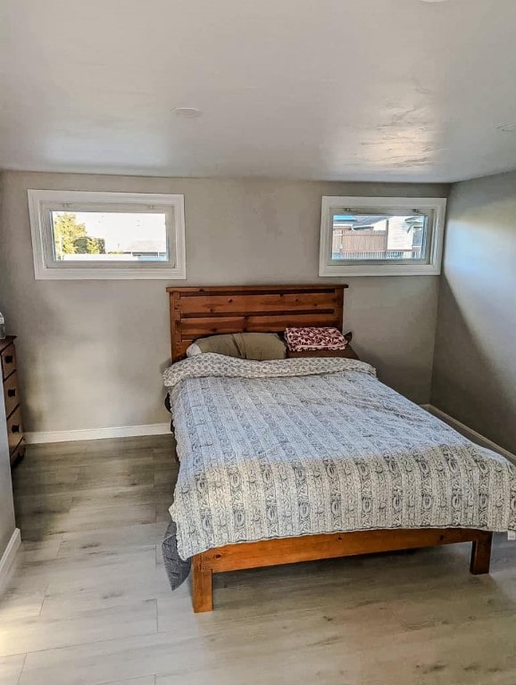 bedroom with hardwood / wood-style floors and multiple windows