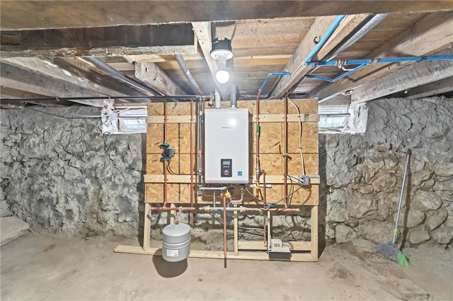 basement with tankless water heater