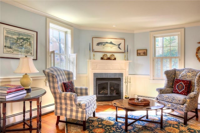 living area with crown molding, a baseboard radiator, and a fireplace