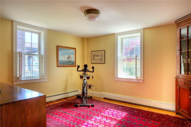 exercise area featuring baseboard heating, a healthy amount of sunlight, and wood-type flooring