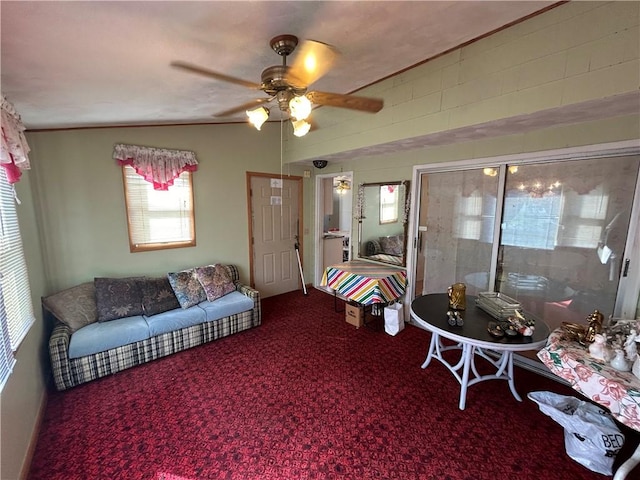 bedroom featuring carpet floors, ceiling fan, and a closet