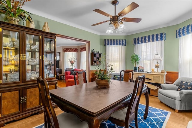 dining room featuring light wood finished floors, ceiling fan, and a wainscoted wall