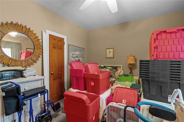 storage area with a ceiling fan