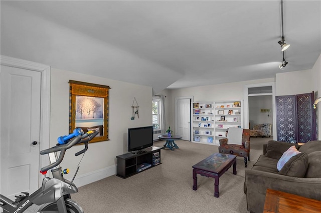 living room featuring carpet, rail lighting, and baseboards