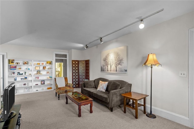 living area with carpet and track lighting