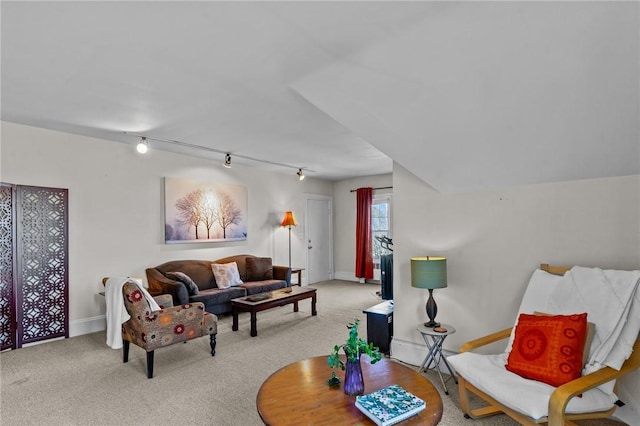 living room with carpet, baseboards, and track lighting