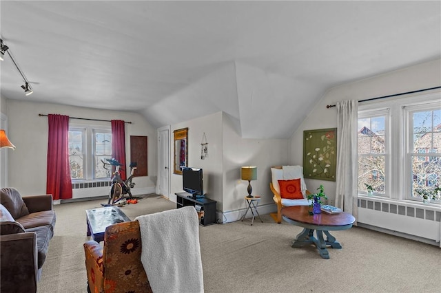 living room featuring a wealth of natural light, carpet, and radiator heating unit