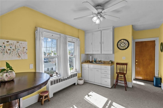 kitchen featuring light carpet, a sink, white cabinets, tasteful backsplash, and radiator heating unit