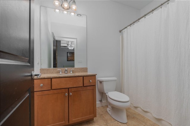 bathroom featuring tile patterned flooring, vanity, ceiling fan, and toilet