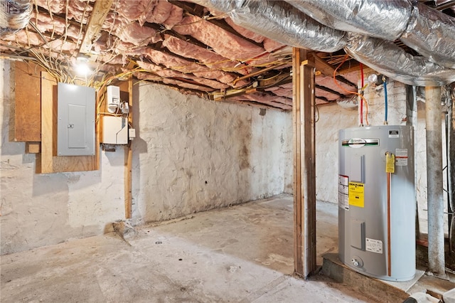 unfinished basement with electric panel and water heater