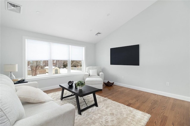 living room featuring lofted ceiling and wood-type flooring