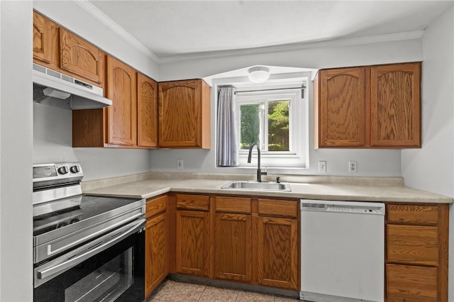 kitchen with light tile patterned flooring, sink, stainless steel range with electric stovetop, ornamental molding, and white dishwasher