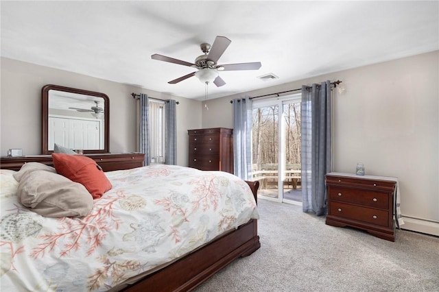 bedroom featuring access to outside, visible vents, a ceiling fan, and light colored carpet