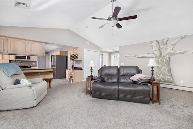 living room featuring visible vents, a ceiling fan, light colored carpet, baseboard heating, and vaulted ceiling