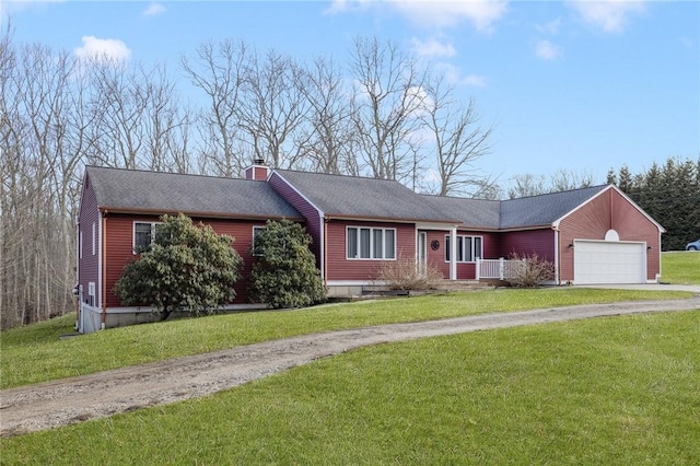 single story home with a garage, driveway, a chimney, and a front yard