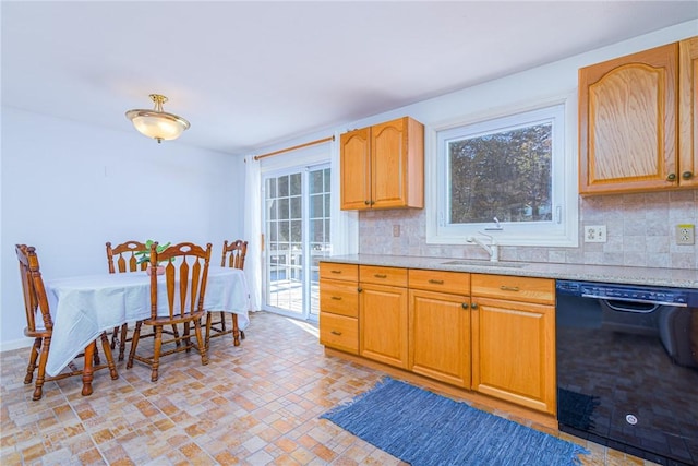 kitchen with a wealth of natural light, sink, black dishwasher, and decorative backsplash