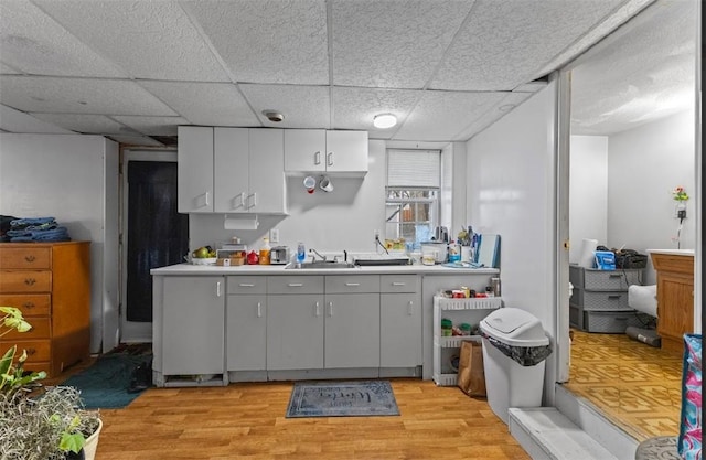 kitchen with sink, light hardwood / wood-style floors, and a drop ceiling