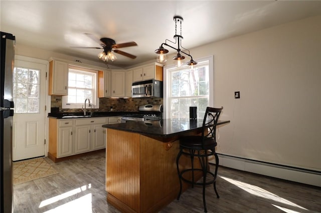 kitchen with hanging light fixtures, a baseboard radiator, stainless steel appliances, decorative backsplash, and light wood-type flooring