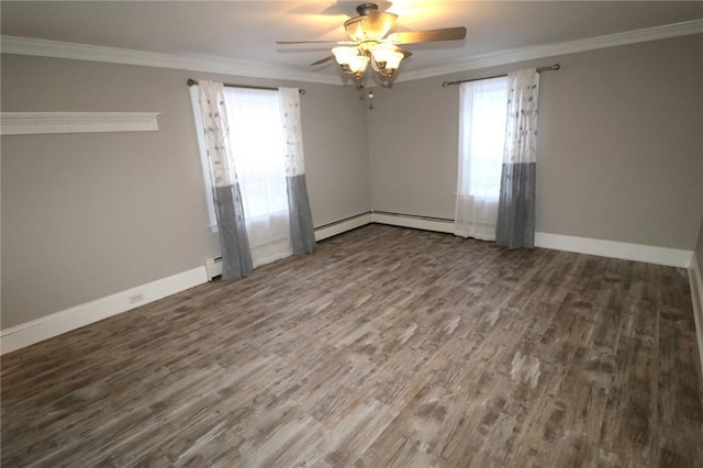 empty room featuring hardwood / wood-style floors, ceiling fan, and ornamental molding