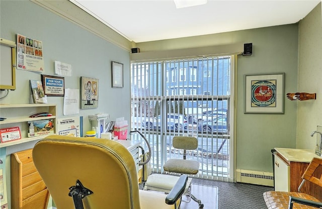 interior space featuring sink, carpet flooring, and a baseboard radiator