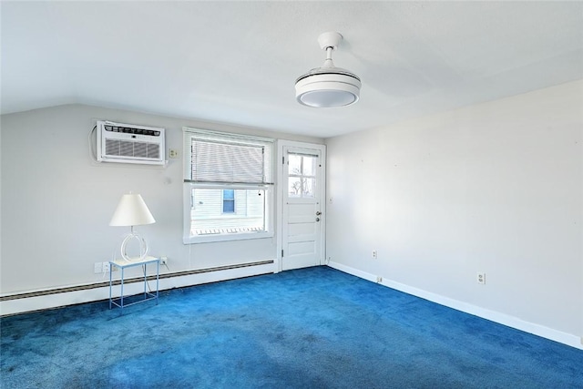 carpeted spare room featuring a wall mounted AC, a baseboard radiator, and lofted ceiling