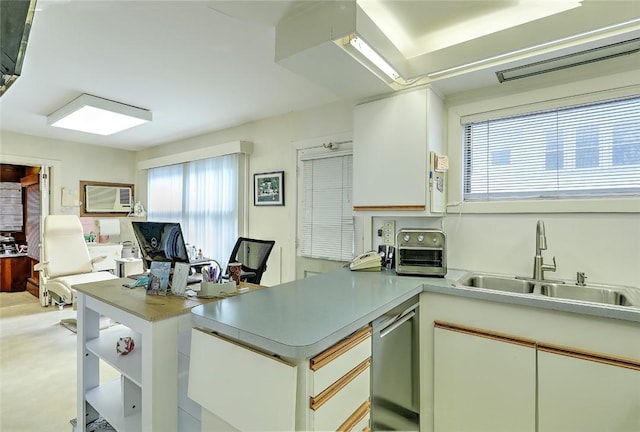 kitchen featuring white cabinets, sink, kitchen peninsula, and dishwasher