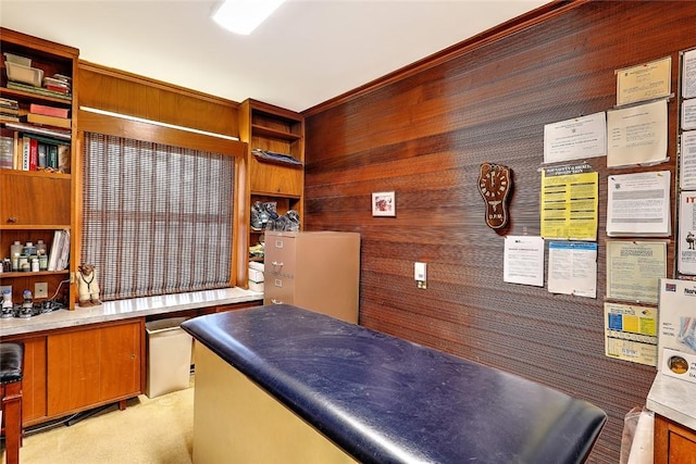 interior space featuring built in desk and wood walls