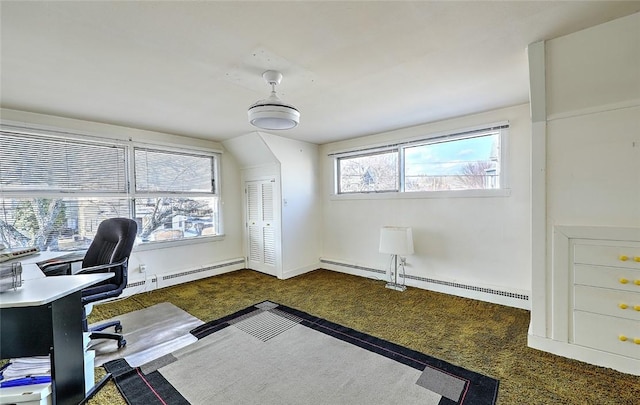 office area featuring dark carpet, plenty of natural light, and baseboard heating